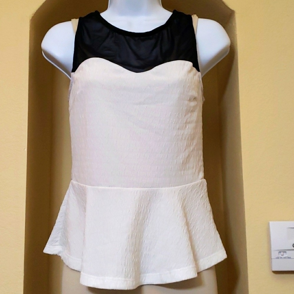 C'est Toi Womens Black White Mesh Peplum Top JT065 Small Colorblock Sleeveless